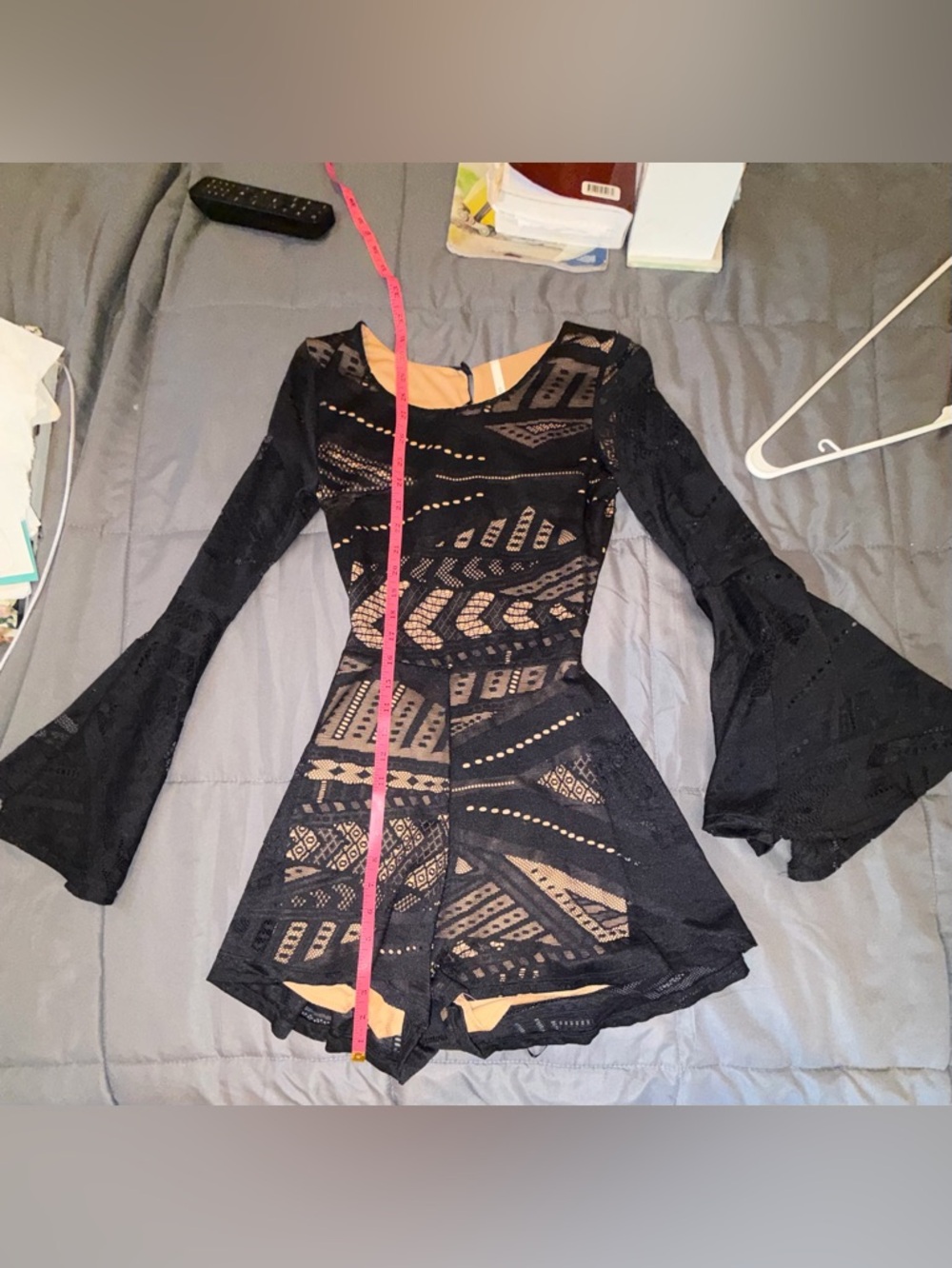 Sage Black Lace Romper Dress Bell Sleeve Open Back Small - Picture 7 of 7